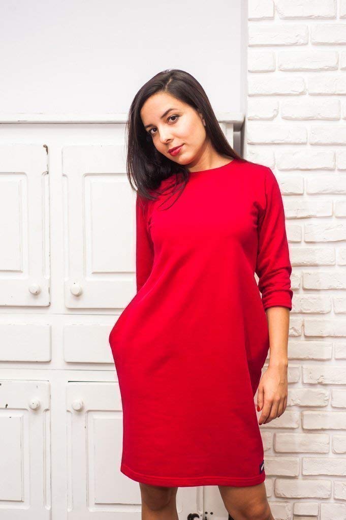 Womens dress in red color, pockets casual dress - 100% Cotton, S/M size