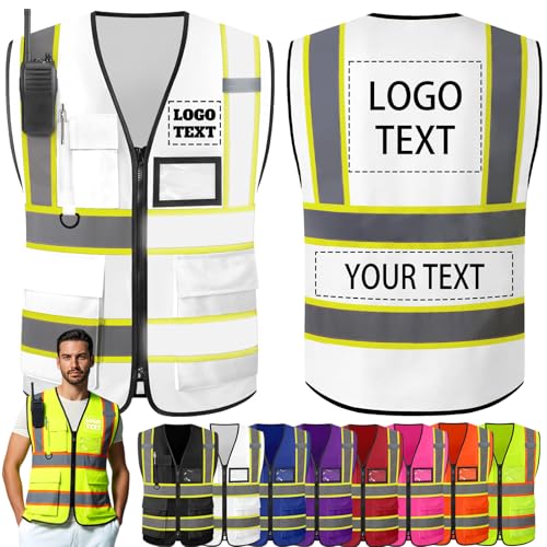 Morlavid Warnweste Sicherheitsweste Personalisierte mit Logo Text Sichtbarkeit Zweifarbig Anpassbar für die Arbeit,White