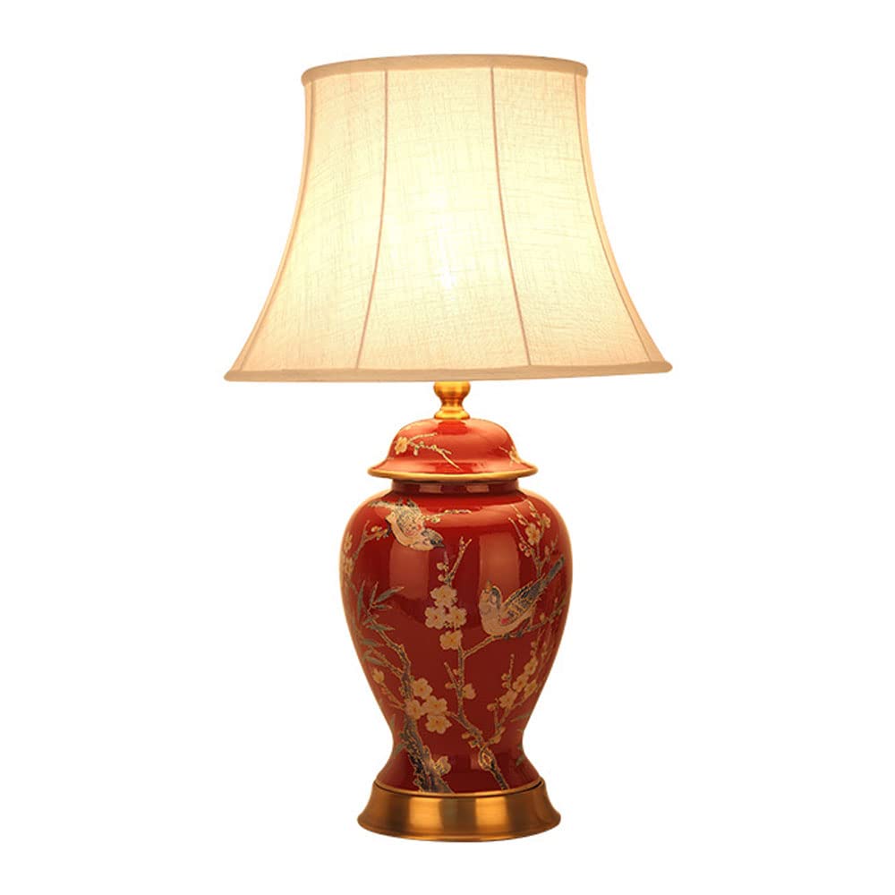 SGKOMN Chinese Ceramic Desk Light American Style Glazed Ceramics Nightstand Lamp, Retro Red Ceramic Table Lamp Push Button Switch Bedside Lamp-2-33 * 54cm