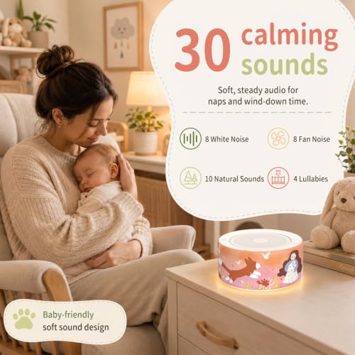 Image of Kipcush White Noise Machine for Baby & Adults, Sleep Sound Machine with 30 Soothing Sounds, 8-Color Night Light, Memory Function, White Noise for Sleeping, Nursery, Office, Travel, Relaxation