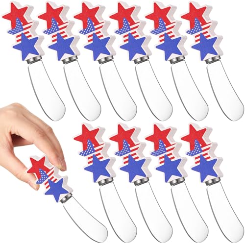 Sieral 10 Pcs Patriotic Cheese and Butter Spreader Knives Cheese Spreader Butter Spreader Knives Multipurpose Independence Day Decor with Hand Painted Wooden Handle Stainless Steel Blade