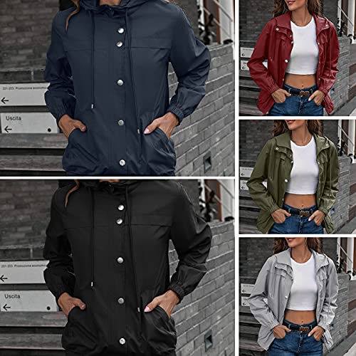 Capa de chuva feminina com capuz com botão elástico manguito bolsos laterais Jaqueta impermeável Cas