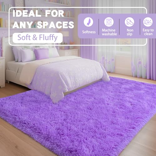 Fluffy Shag Rug, 5x7 Purple Indoor Modern Shaggy Area Rug, Non-Slip Rectangular Fuzzy Carpet for Girls Kids Nursery Bedroom Living Room, Soft Plush Rug for Home Decor