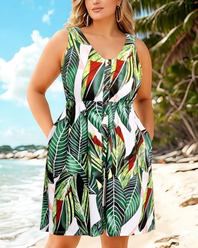 Image of Holipick Women's Plus Size Summer Dresses for Women Casual Dress with Pockets A-Line Swing Button Down Sleeveless V Neck