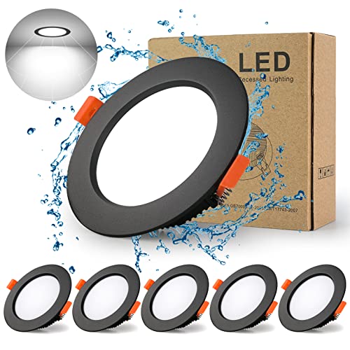 BAGZY Spot Led Encastrable Noir Extra Plat, 5 Pack 5W 500LM = 50W incandescence, IP44, Blanc Froid 6000K, AC 220-240V,Découpe 70-80mm,Rond plafond encastré Pour salle de bain,Cuisine,Salon,Couloir