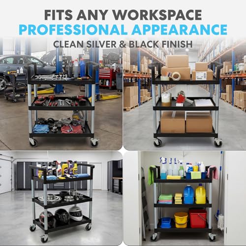 Image of Simpli-Magic Rolling Utility Cart on Wheels, Heavy Duty Multi-Purpose Service Cart, Silver & Black, Garage, Warehouse & Commercial Use