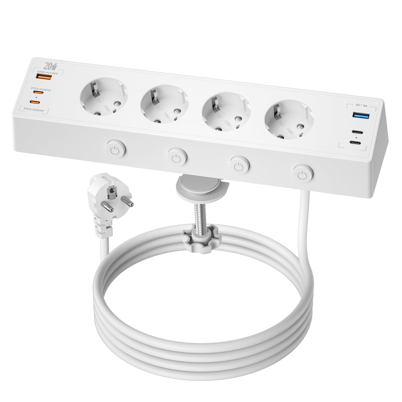 Ciabatta Multipresa da Tavolo con USB C 20 W, Multipresa USB con Interruttore Commutabile Singolarmente, Ciabatta Elettrica Multipresa con 4 USB C e 2 USB A, Cavo da 2M, Bianco