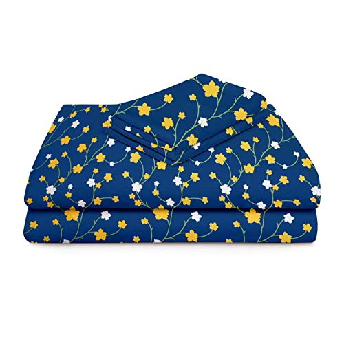 Image of BSB HOME 100% Microfiber Flat Double Bedsheets with 2 Pillow Covers | Double Bed Breathable | Wrinklefree | Ultrasoft 144 TC Supersoft |88 inch x 88 inch or 225x228 | Floral- Blue & Yellow