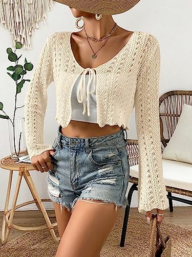 Image of Verdusa Women's Tie Front Crop Cardigan Bell Long Sleeve Scalloped Lightweight Knit Tops Summer Beach Cover Up