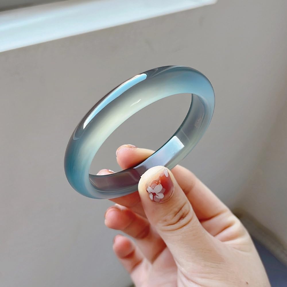 Natural Ice Jade Bangle Bracelet for Women Chalcedony Feng Shui Good Luck Bracelet Fashion Round Grey Blue Jade Stone Bangle for Woman Birthday Wedding(bianyusui Bangle6, 58-59mm)
