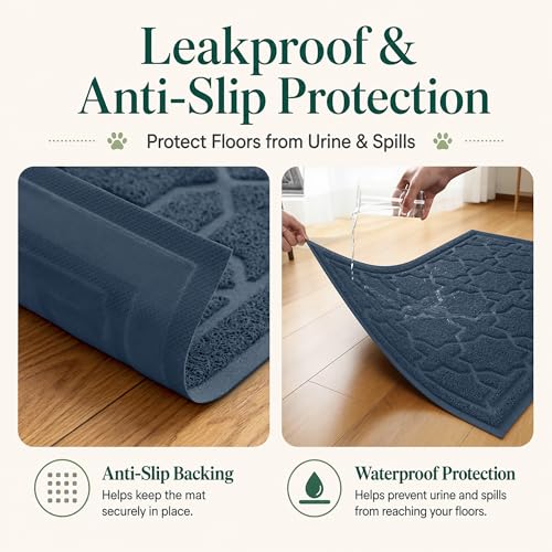 Image of Yimobra Cat Litter Mat, Easy Clean Trapping PVC Mat, 47 inch x 36 inch, Waterproof Backing, Non Slip Bottom, Scatter Control Pad for Litter Box, Dark Blue