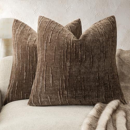 Image of Foindtower Pack of 2 Slubby Textured Chenille Throw Decorative Pillow Covers Square Accent Solid Cushion Cover Cozy Soft Farmhouse Pillow Case for Couch Sofa Bedroom Living Room 24x24 Inch,Dark Brown