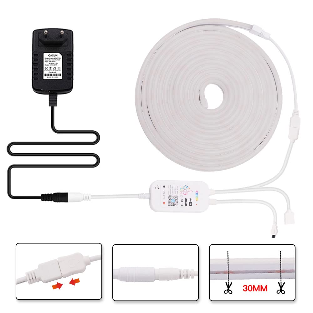 8m Luz de Neón Flexible de 12 V Tira LED RGB Impermeable con Sincronización de Música de Controlador WiFi Remoto Regulable, APLICACIÓN Smart Life Trabaja con Alexa Google Assistant SmartThing