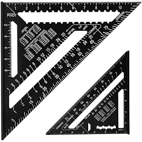 Beslands Aluminum 12 inch & 7 inch Rafter Square Carpenter Set Measuring Layout Tool Alloy Metal Triangle Ruler Protractor for Woodworking and Carpentry Imperial Cover