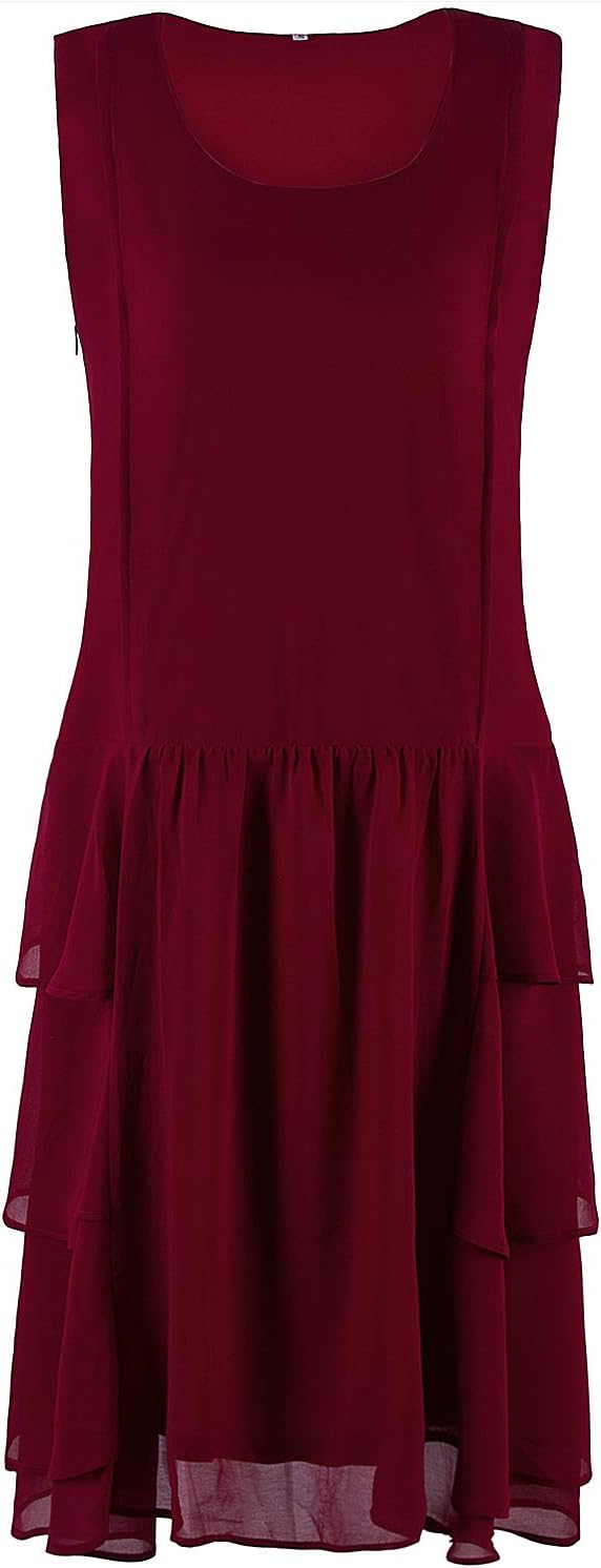 Vijiv Womens 1920s Inspired Flapper Dress High Tea Great Gatsby Maroon with Tiered Skirt 20s Dress