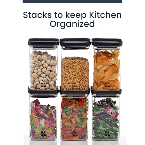 Image of 1100 ML Push Up Airtight Container Set of 6 | Transparent Square Plastic Storage Jars with Black Push-Up Lid | BPA-Free Kitchen Dabba for Snacks, Dry Fruits, Grains & Pantry Organization