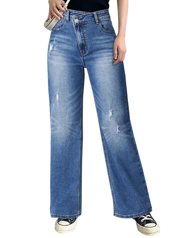 Genleck Women Crossover Wide Leg Jeans – Stretch Baggy Jeans High Waisted Trendy Boyfriend Jeans Crisscross Y2K 90s Pants