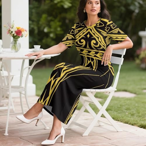 Image of Puletasi Samoan Traditional 2 Piece Outfits for Women Short Sleeve Crop Top and Maxi Skirt Sets Puletasi Dress
