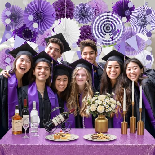 Image of 24 Pcs Purple Birthday Decorations Kit, Paper Fans Pom Poms Banner 8-16 in