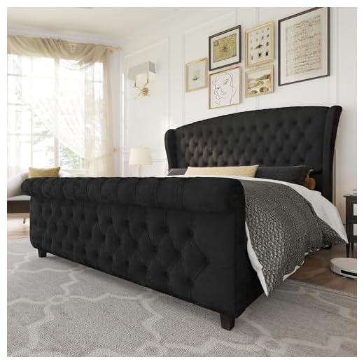 AMERLIFE California King Size Platform Bed Frame, Velvet Upholstered Sleigh Bed with Scroll Wingback Headboard & Footboard/Button Tufted/No Box Spring Required/Black