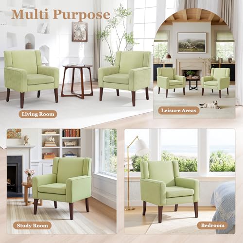Image of Accent Chairs Set of 2, Mid-Century Reading Chair with Wood Legs, Upholstered Comfy Living Room Chair for Bedroom, Apartment, Waiting Room, Green