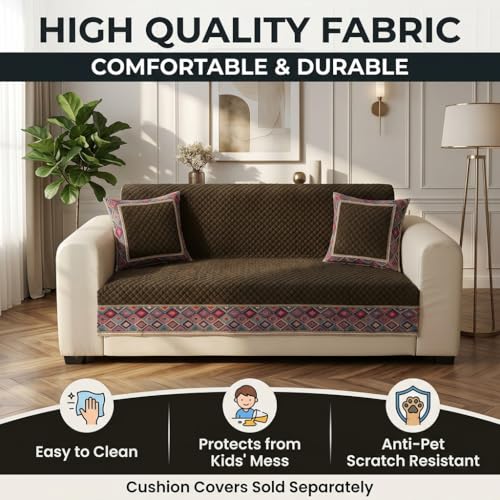 Image of KINGLY Sofa Cover 3 Seater Fully Covered | Stretchable Anti-Slip Slipcover | Washable Furniture Protector | Chocolate Brown | Set of 2 | Seat & Back |