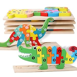 SHIERDU Wooden Puzzles for Kids, Toddler Number Puzzle, Old Wooden Dinosaur Puzzles and Animal Jigsaw Toys for Boy Girl Ideal Gift, 2-6 Years, Pack of 6, 2-1