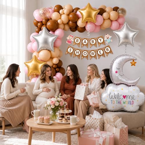 Image of Rozi Decoration Baby Shower Decoration Kit 58 Pieces with Balloon, Banner, Moon & Star Foil, Glue Dots, Pink Brown Beige Latex Balloons for Baby Shower Welcome Princess Party Decoration
