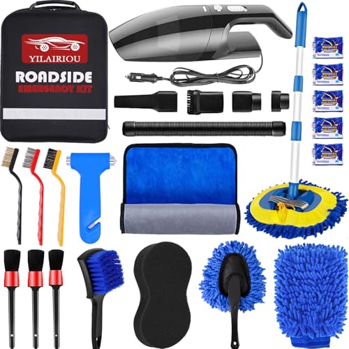 YILAIRIOU Car Cleaning Kit Car Wash Kit with High Power Handheld Vacuum Automobile Detailing Brush Kits Microfiber Towels Tire Brush Washing Mitt Sponge Safety Hammer Cleaning Wash Kits