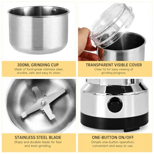 Image of J-GO 300W Multifunctional Electric Spice & Coffee Grinder - Stainless Steel Blade Grinder for Coffee Beans, Spices, Herbs, Nuts & Grains - One Touch Portable Dry Grinder with 300ML Cup