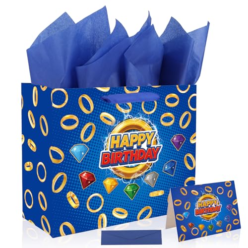 SAVITA Birthday Party Gift Bag Set Blue Cartoon Theme Goodie Bag Wrapping Paper Greeting Card Envelope with Gold Ring & Colorful Gems for Candy Snack Sweet Favor Kids Birthday Party Decoration