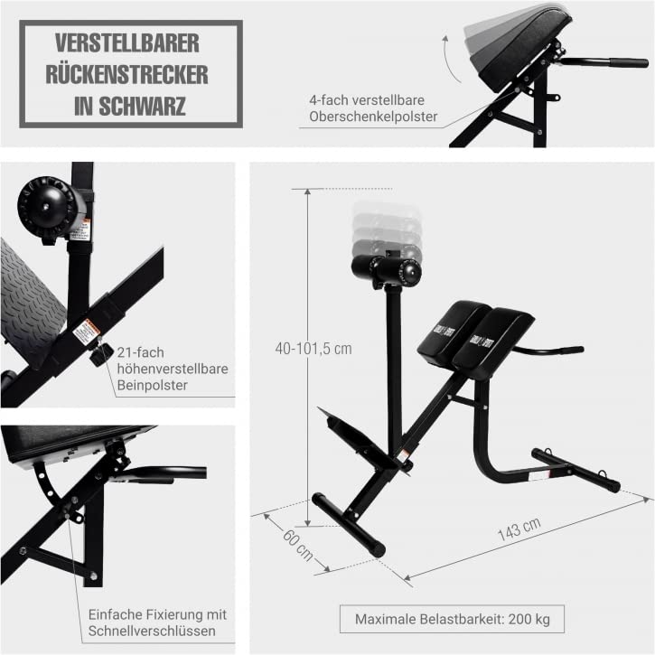 GORILLA SPORTS® Panca per Schiena e Addominali - con Fissaggio delle Gambe, Altezza Regolabile, Multifunzione, Inclinazione, Carico Massimo 200kg, Nero - Sedia Romana per Allenamento, Iperestensioni
