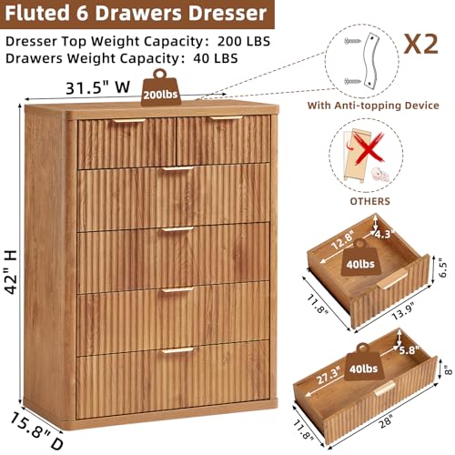 Image of LEYAOYAO Fluted 6 Drawers Dresser for Bedroom, 42 inch Tall Modern Chest of Drawers with Metal Handle, Curved Profile Design,Wood Drawer Organizer for Bedroom, Living Room, Hallway, Brown