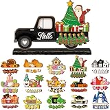 Anglechic 34 Pcs Small Interchangeable Christmas Truck Decor Holiday Seasonal Sign Farmhouse Rustic Wooden Tier Tray Decoration Home Office Desk Welcome Ornament Thanksgiving Gift