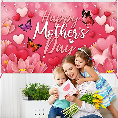 Image of Large Happy Mother's Day Banner Decorations Mothers Day Flag Outdoor 71x44 Inch,Mom Gifts for Indoor Home House Decor Party Supplies,Yard Sign Background for Photography, Red Pink Heart Flowers