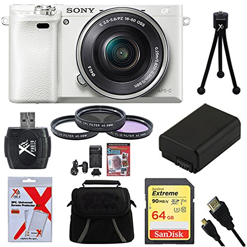 Sony ILCE6000L/W Alpha a6000 Camera White with 16-50mm Power Zoom Lens Bundle with 64GB Memory Card, Bag, Battery, Charger, Training Guide, 40.5mm Filter Kit, Tripod and HDMI Cable