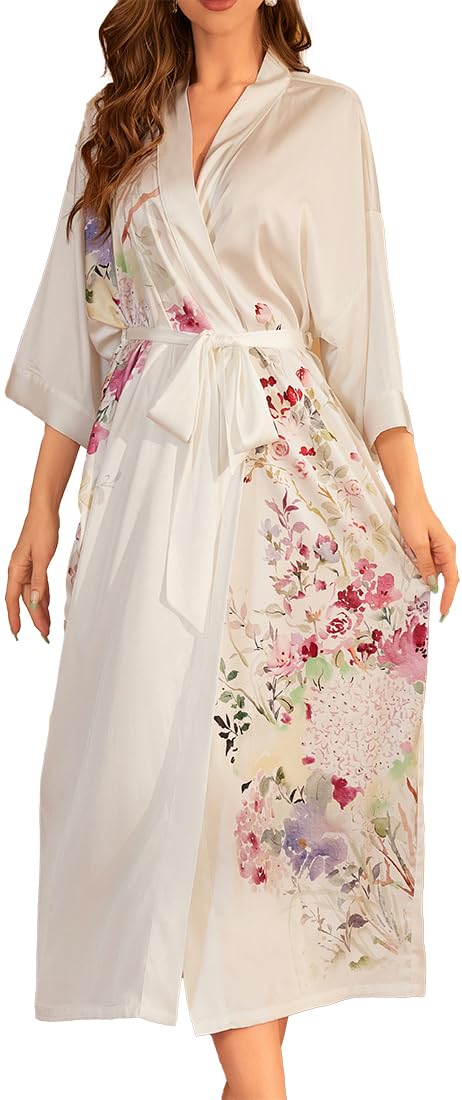 MEDUOLA Albornoces de Verano para Mujer Bata Kimono de Satén Pijama Seda Estampado con Talla Única Camisón Largo Sexy y Elegante