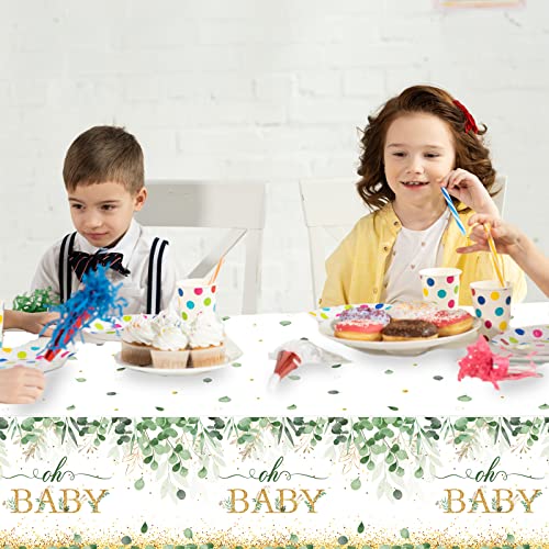 Image of 3 Pieces Sage Greenery Oh Baby Tablecloths for Baby Shower Party Decorations Plastic Disposable Gold Foil Eucalyptus Leaf Table Covers for Rectangle Tables Sage Boho Woodland Neutral Party Supplies