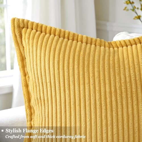 decorUhome Fall Corduroy Mustard Yellow Throw Pillow Covers 12x20 Set of 2 Decorative Soft Boho Striped Lumbar Neutral Euro Farmhouse Couch Pillow Cases with Broadside for Living Room Bed Sofa