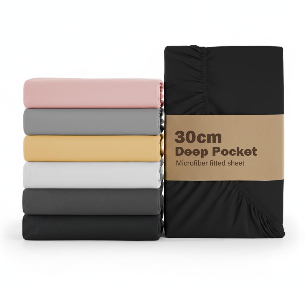 Rehan & Co Super King Fitted Sheet Black Deep Pocket 12 Inch (30 Cm) Bed Sheets Super Soft 100% Brushed Microfiber Deep Fitted Sheets (183x200cm)