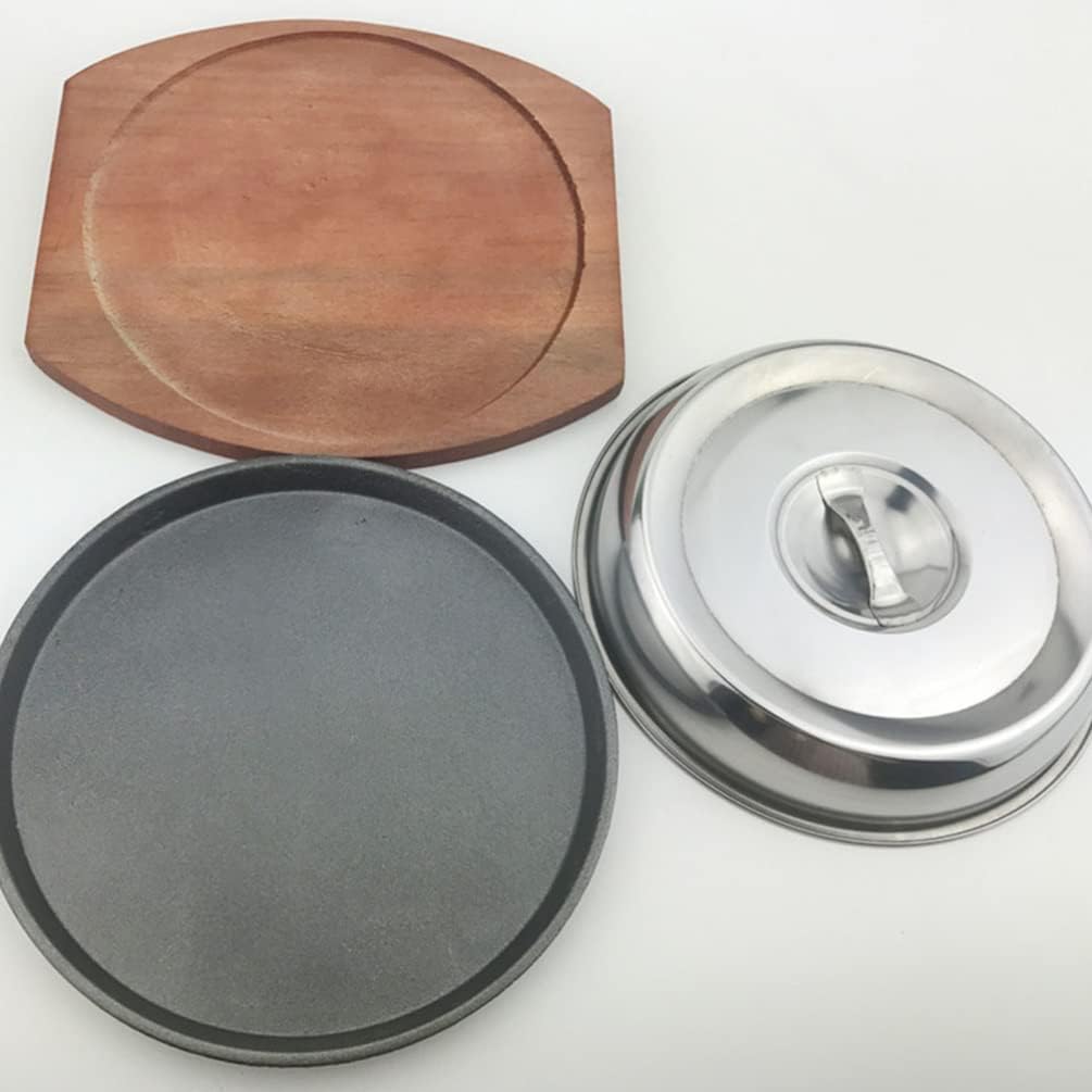 Skillet with Cast Iron Round - Small Cast Iron Skillet Sizzling Plate Fajita Plate Sizzling Pan for Easy Serving Cleaning, BBQ Included Wood Base