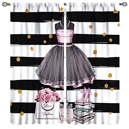 Girly Dresses Curtains,Pink Floral Fashion Black and White Stripe Perfume High Heels Rod Pocket Window Drapes for Living Room Women Girls Bedroom Bathroom Home Decor 42x45in