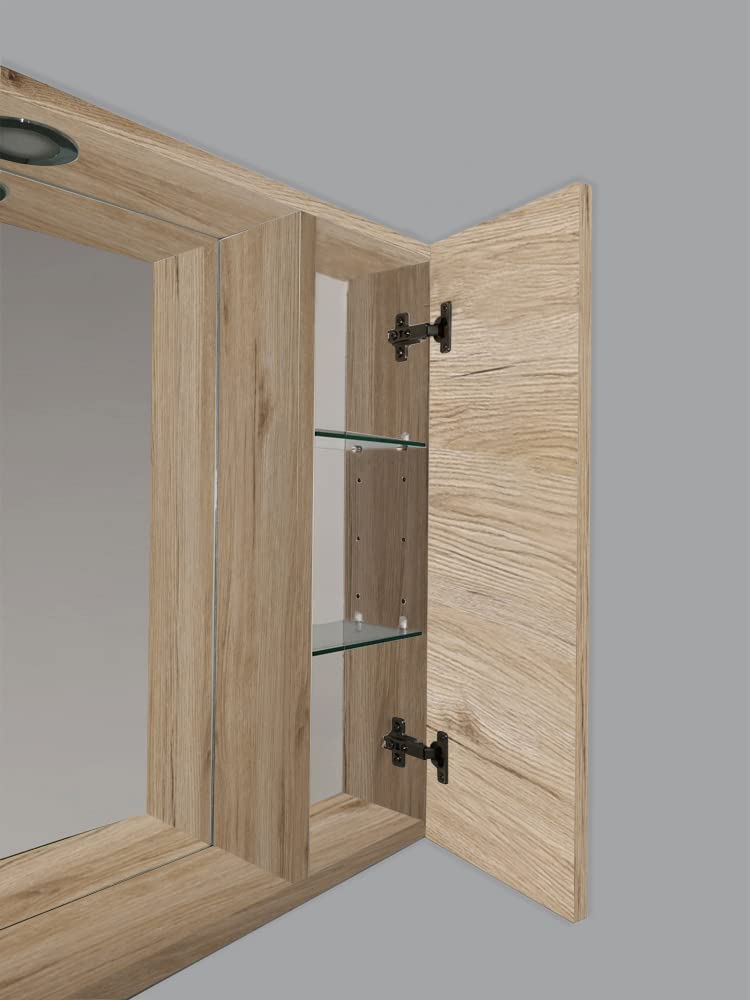 Mama Store SPECCHIERA Bagno con 2 VANI Contenitore e Luce LED-Quercia Naturale, L. 81 CM X P. 16 CM X H. 60 CM