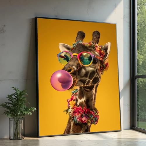 Toile imprimée girafe et fleurs grand format 50x70 cm sans cadre