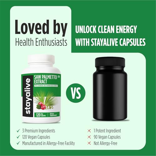 Image of STAY ALIVE Saw Palmetto Extract Capsules w /Cranberry & Pumpkin Seed Oil, 120 Vegan Pills, Extra Strength Saw Palmetto for Men and Women, Non-GMO, Gluten-Free Pumpkin Seed Supplement