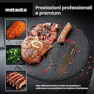 Matsato Mannaia da Cucina Professionale – Coltello in Acciaio Inossidabile con Manico Ergonomico in Legno di Faggio Carbonizzato, Lama Ultra-Affilata per Carne, Verdure e Osso