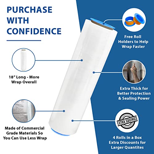 4 Rolls x 18\" x 1500 FT x 80 Gauge Clear Non-Stretch Heavy Duty Stretch Wrap Shrink Film for Shipping Packaging Moving Packing Trucking Logistics - Thicker Extra Durable Film - Wrap Holder Included