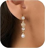 Pearl Earrings: 14k Gold-plated Cubic Zirconia Accented Pearl Drop Dangle Wedding Engagement Earrings For Women Bridal Bridesmaid Leaf Dangle