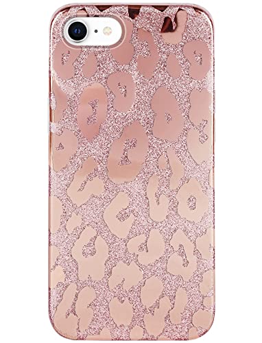 J.west Iphone Se 2022 Case/Se 2020/Iphone 7 Case/Iphone 8 Case 4.7", Luxury Soft Pink Glitter Leopard For Women Cheetah Print Metallic Design Silicone Slim Tpu Protective Phone Case Cover(Rose Gold) #TOP7
