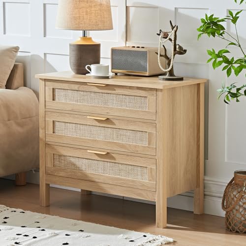 LEYAOYAO 31.5" Wide Rattan Night Stand, Large Boho Nightstand, Bedside Table with Storage, Tall Bed Side End Tables, Chest of Drawers for Bedroom, Living Room, Hallway(Natural,3 Drawers,2) - Image 5